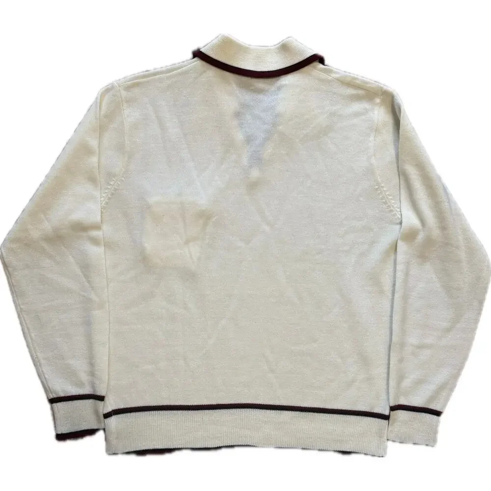 Vintage 70s Lucien Piccard Cream Knit Polo Sweater Burgundy Trim Large Boxy
